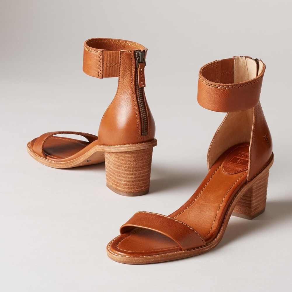Frye Brielle Cognac Back Zip Ankle Heel Sandals - Picture 5 of 16